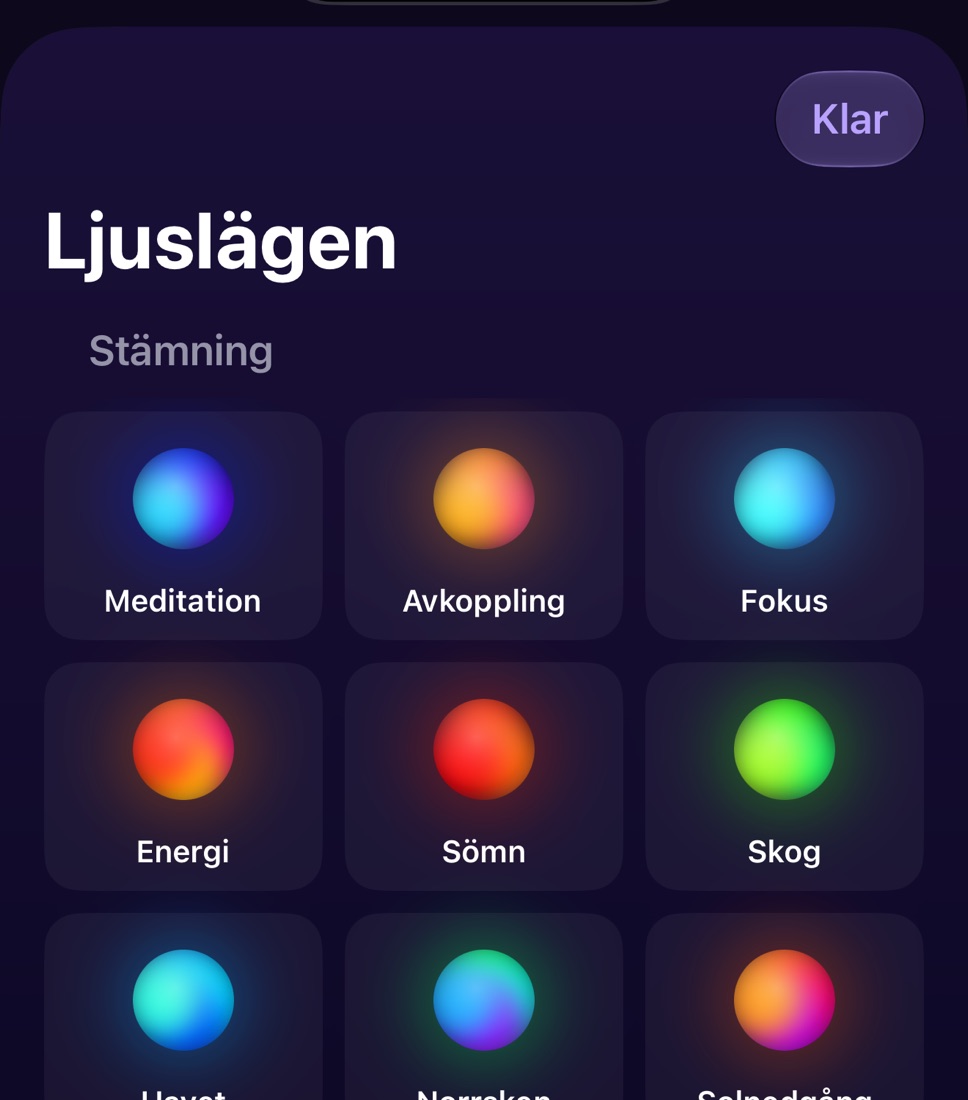 BeatLamps lista med ljuslägen