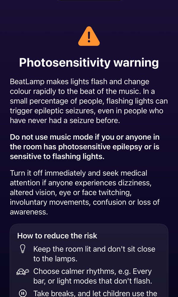 BeatLamp's photosensitivity warning