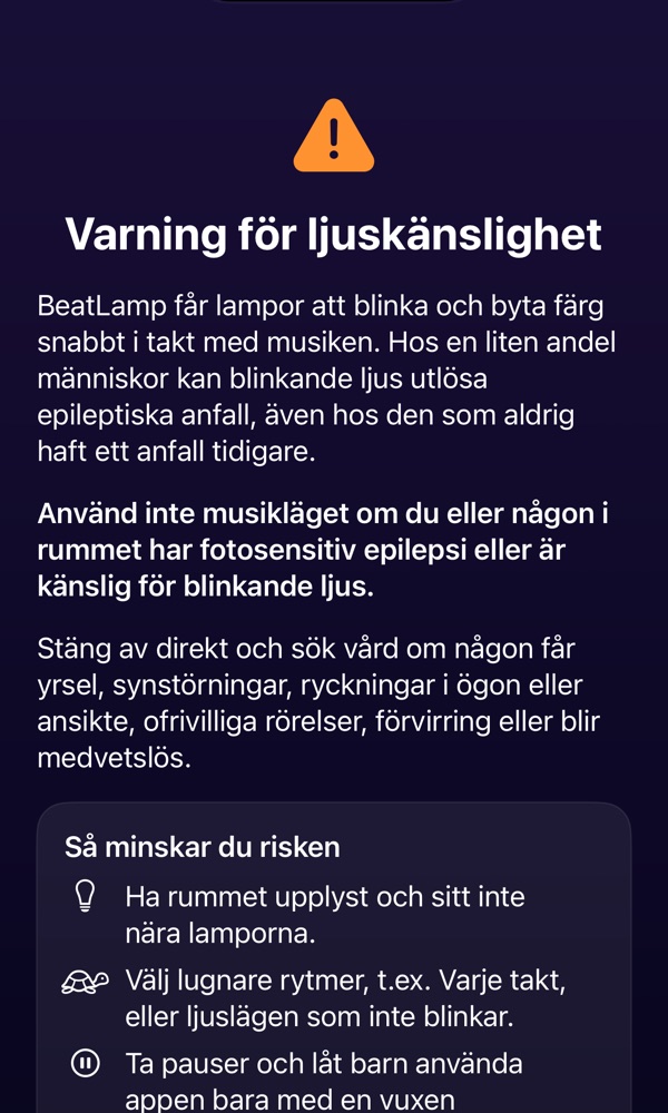 BeatLamps varning för ljuskänslighet